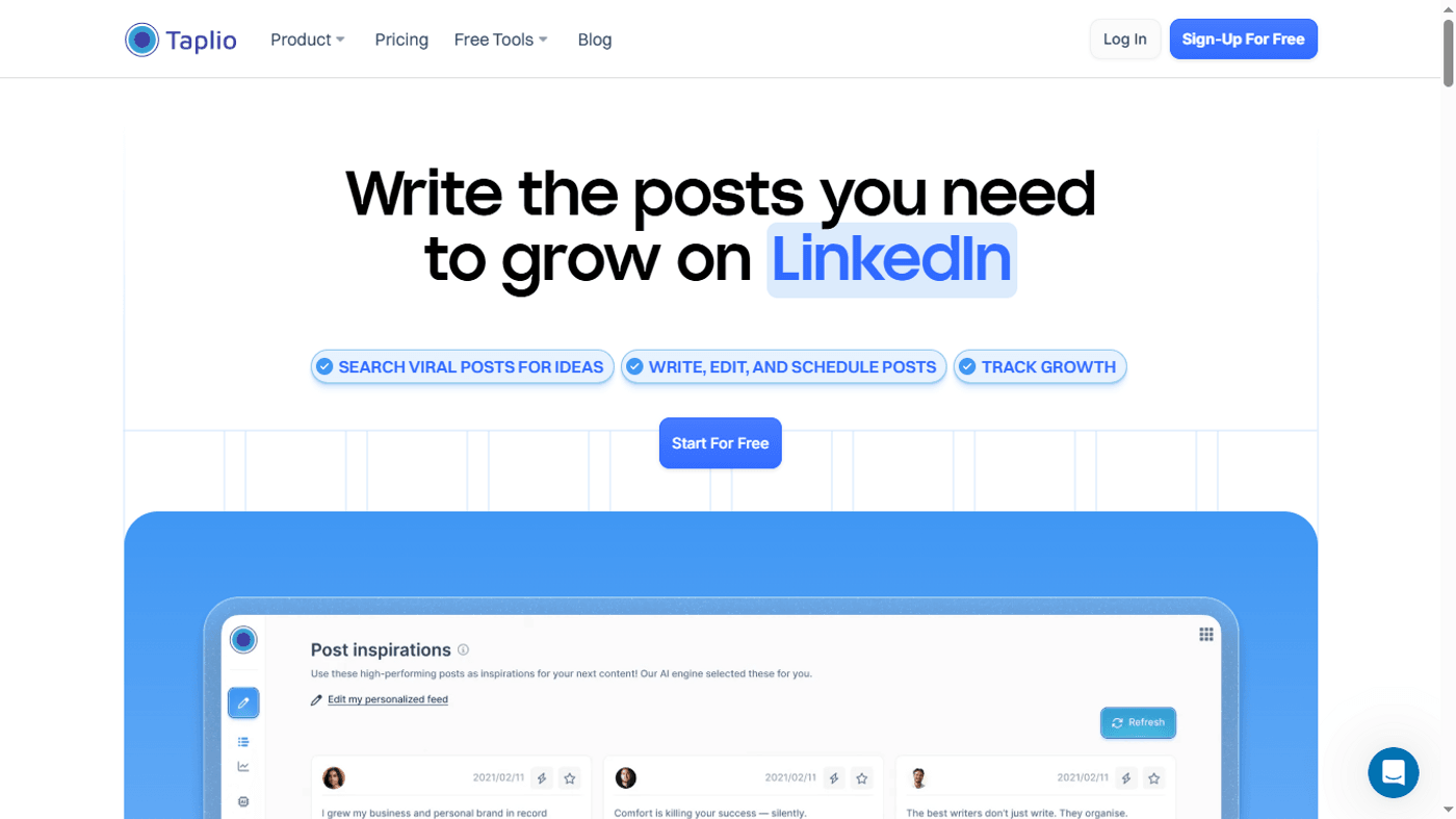 Taplio homepage showcasing tools to create, schedule, and grow viral LinkedIn posts effectively