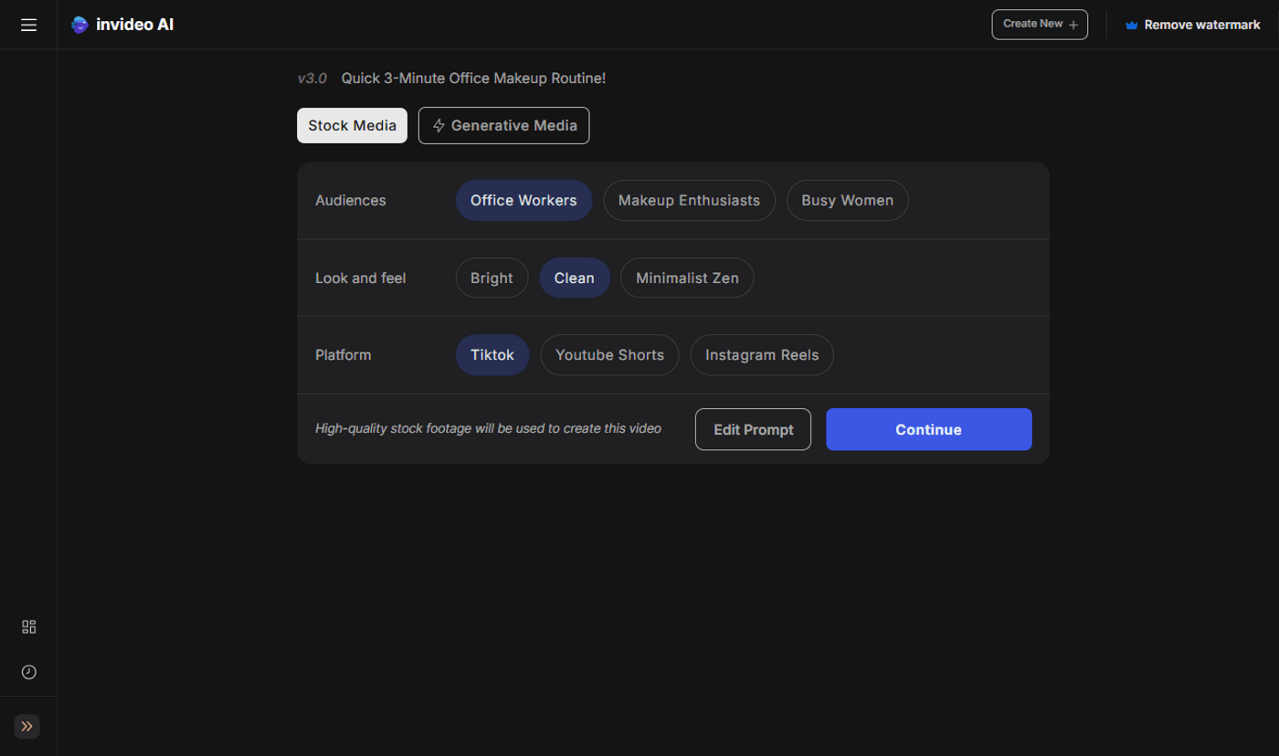 Invideo AI video creation settings selecting audience, style, and platform for office makeup routine