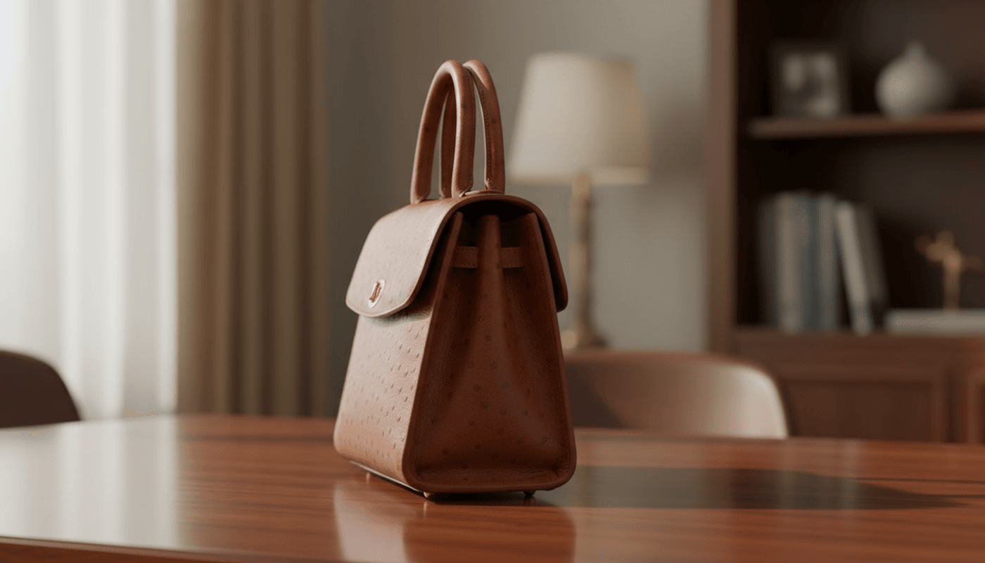 Side view handbag on wooden desk preview
