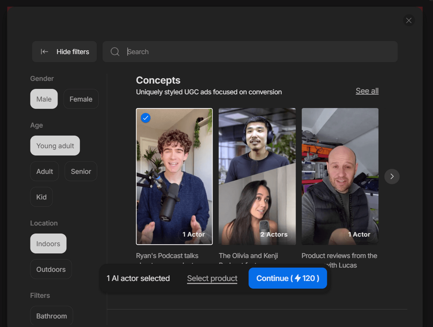 Select an AI actor concept for creating uniquely styled UGC ads focused on conversion