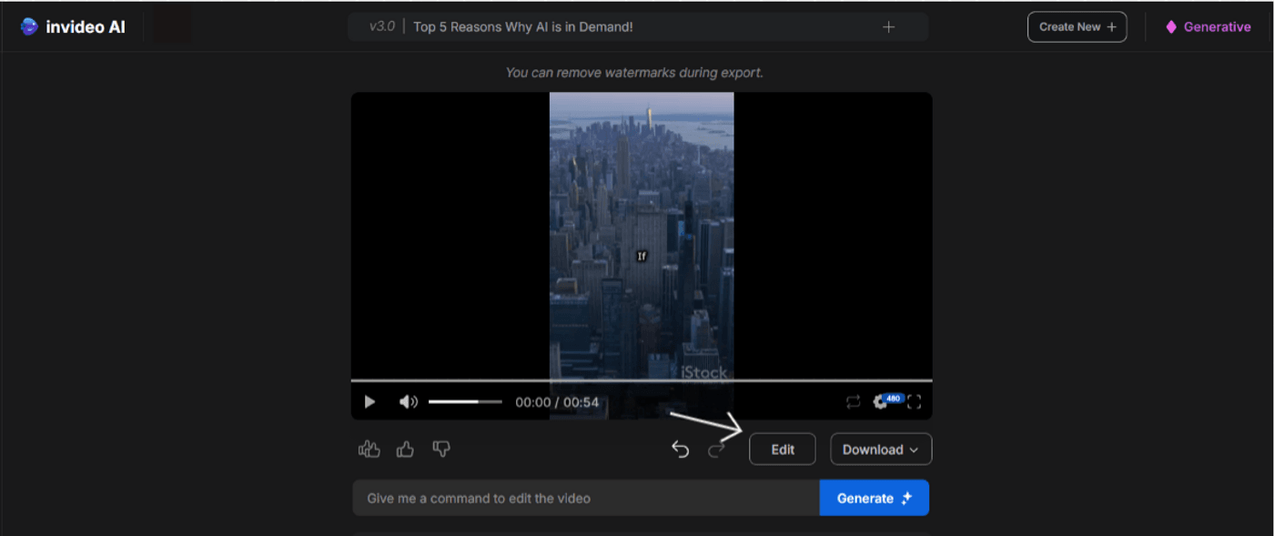 Generated video preview showing New York City skyline with watermark, edit and download options