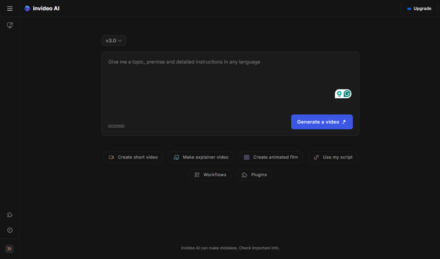 Invideo AI interface with blank prompt box, video creation options, and generate video button