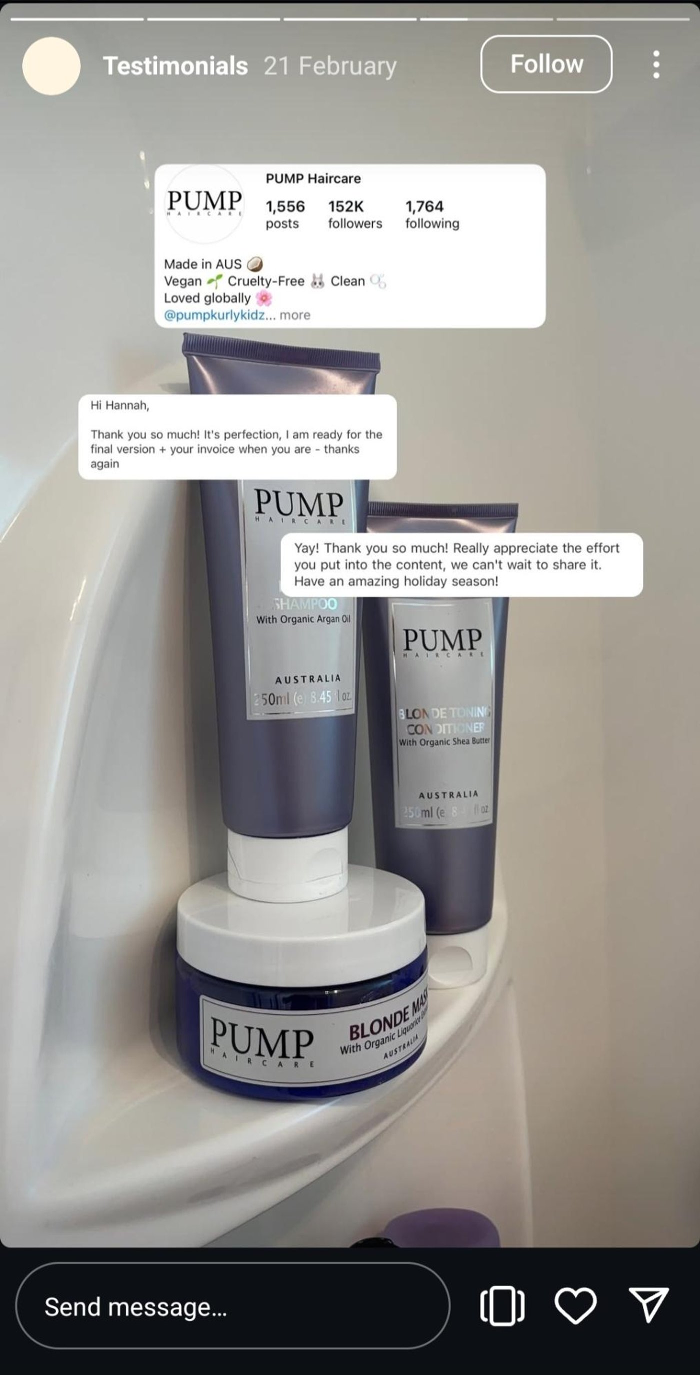 Pump Haircare testimonial with product display and client praise for content and effort.