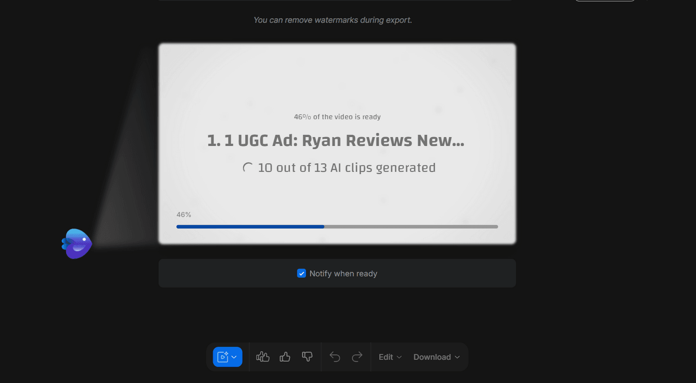 UGC ad video in progress with 46% completed and 10 out of 13 clips generated