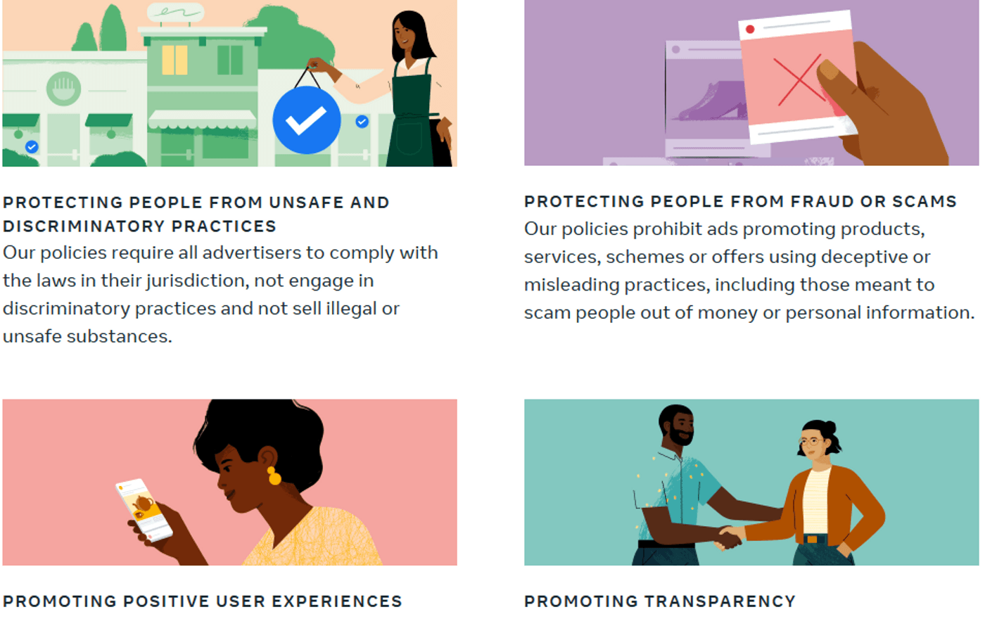 Illustration showing ad policies focused on safety, anti-fraud, user experience, and transparency in online advertising.