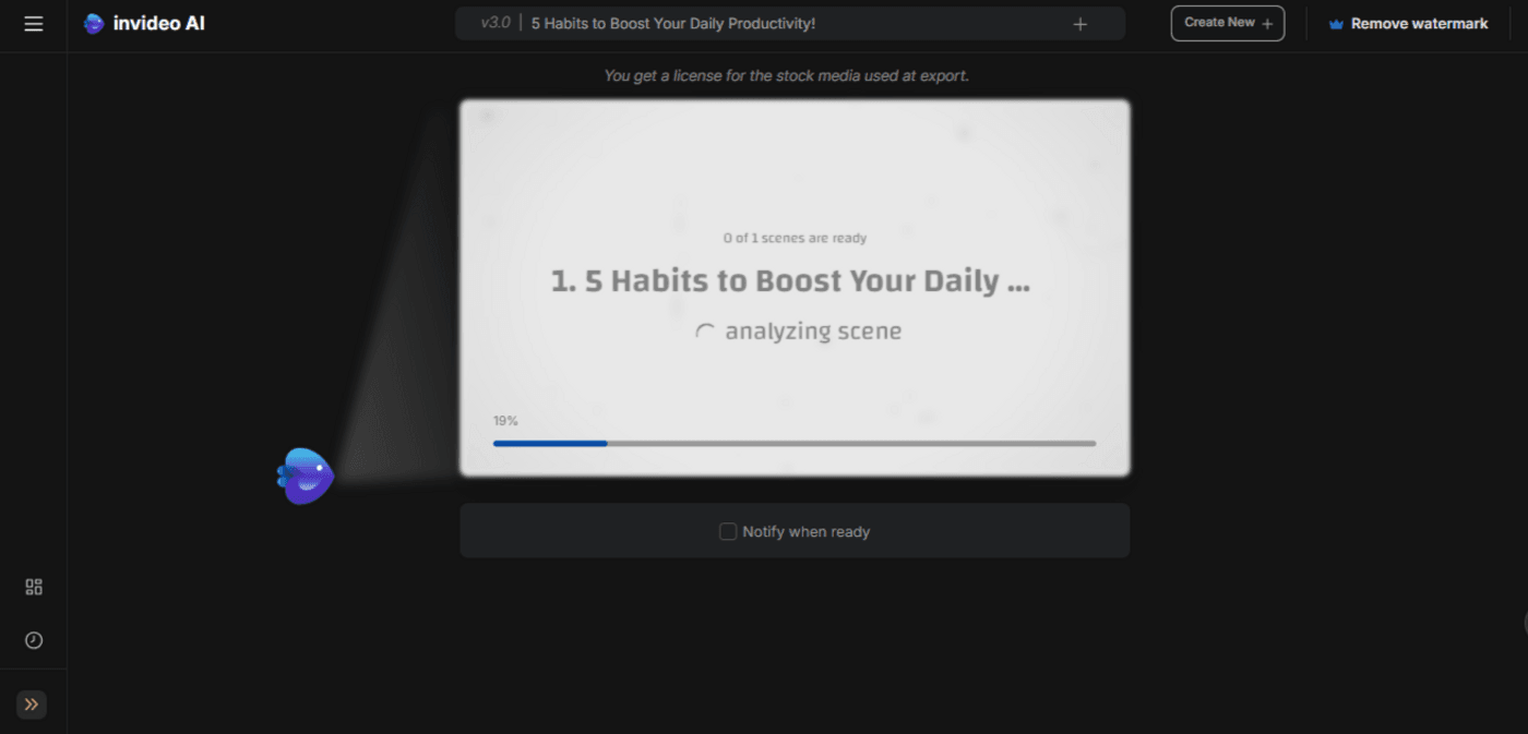 Invideo AI video generation screen showing progress bar for ‘5 Habits to Boost Productivity