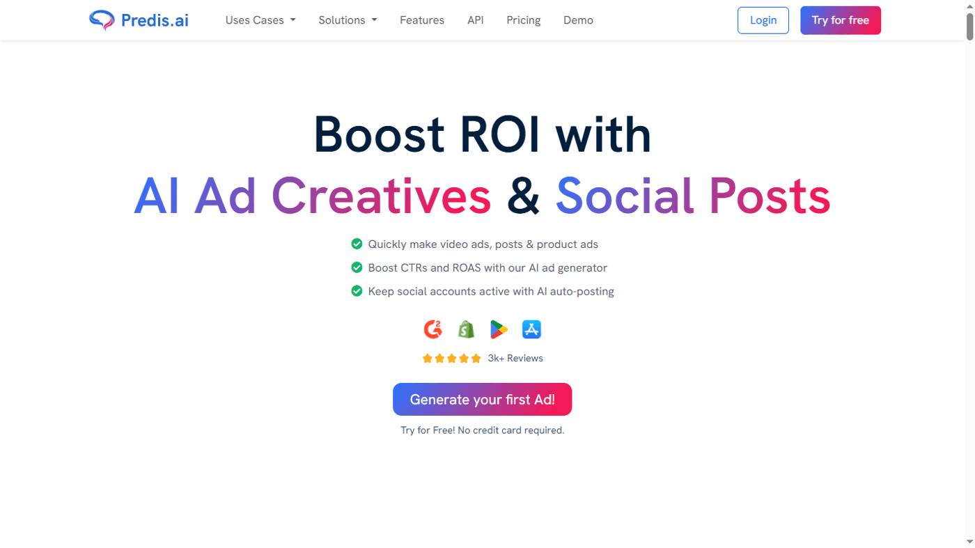 Predis.ai homepage showcasing AI-powered ad creation and social post automation for better ROI