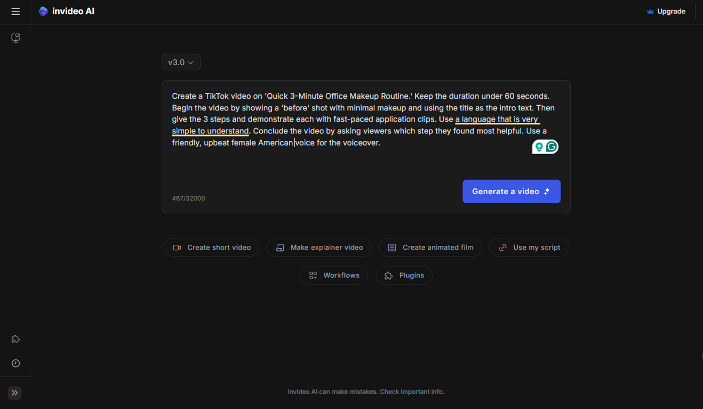 Invideo AI script input showing detailed instructions for creating a 3-minute makeup routine video