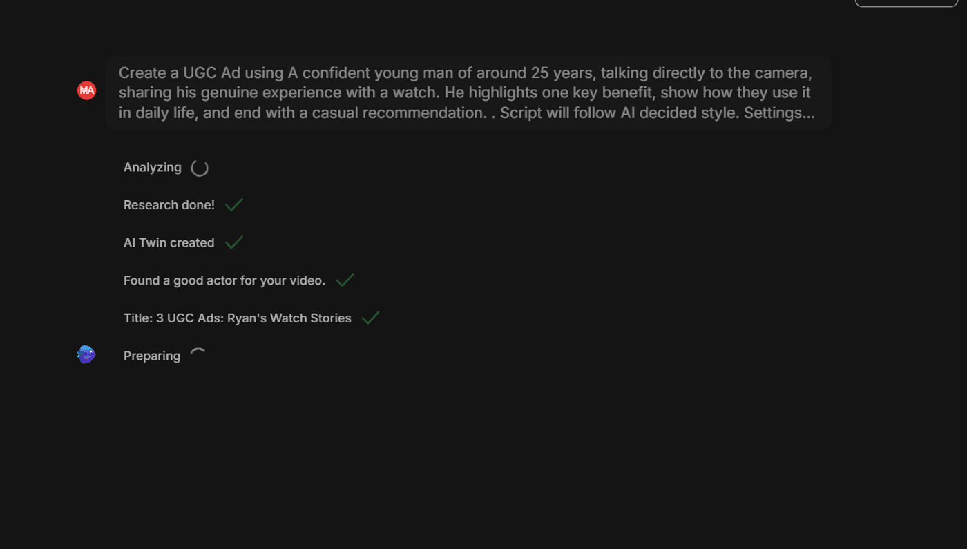 Creating a UGC ad with AI actor, script, and video title preparation in progress