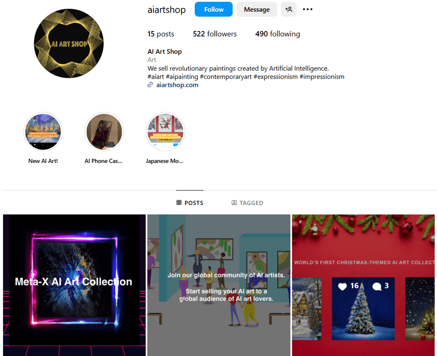 AI Art Shop Instagram page showcasing AI-generated paintings, collections, and global artist community invite