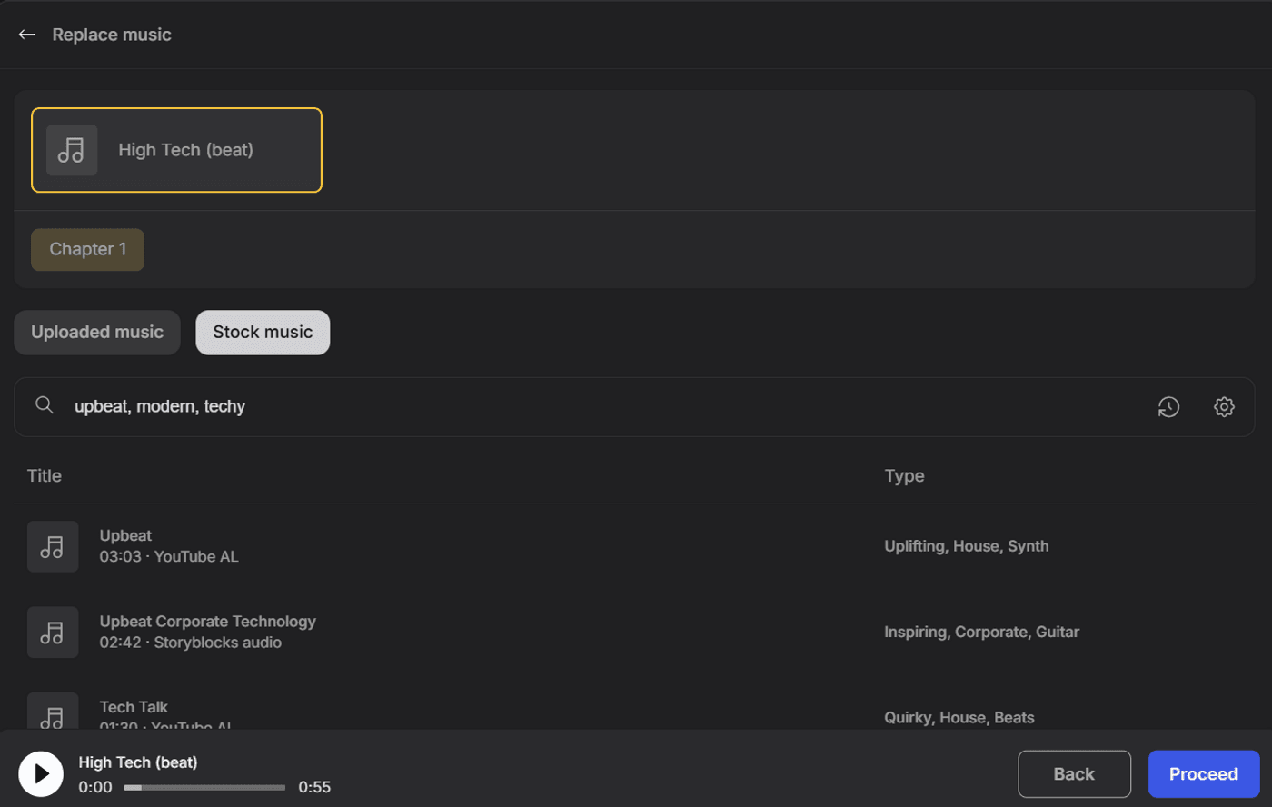 Music selection screen showing “High Tech (beat)” selected with proceed and back buttons visible