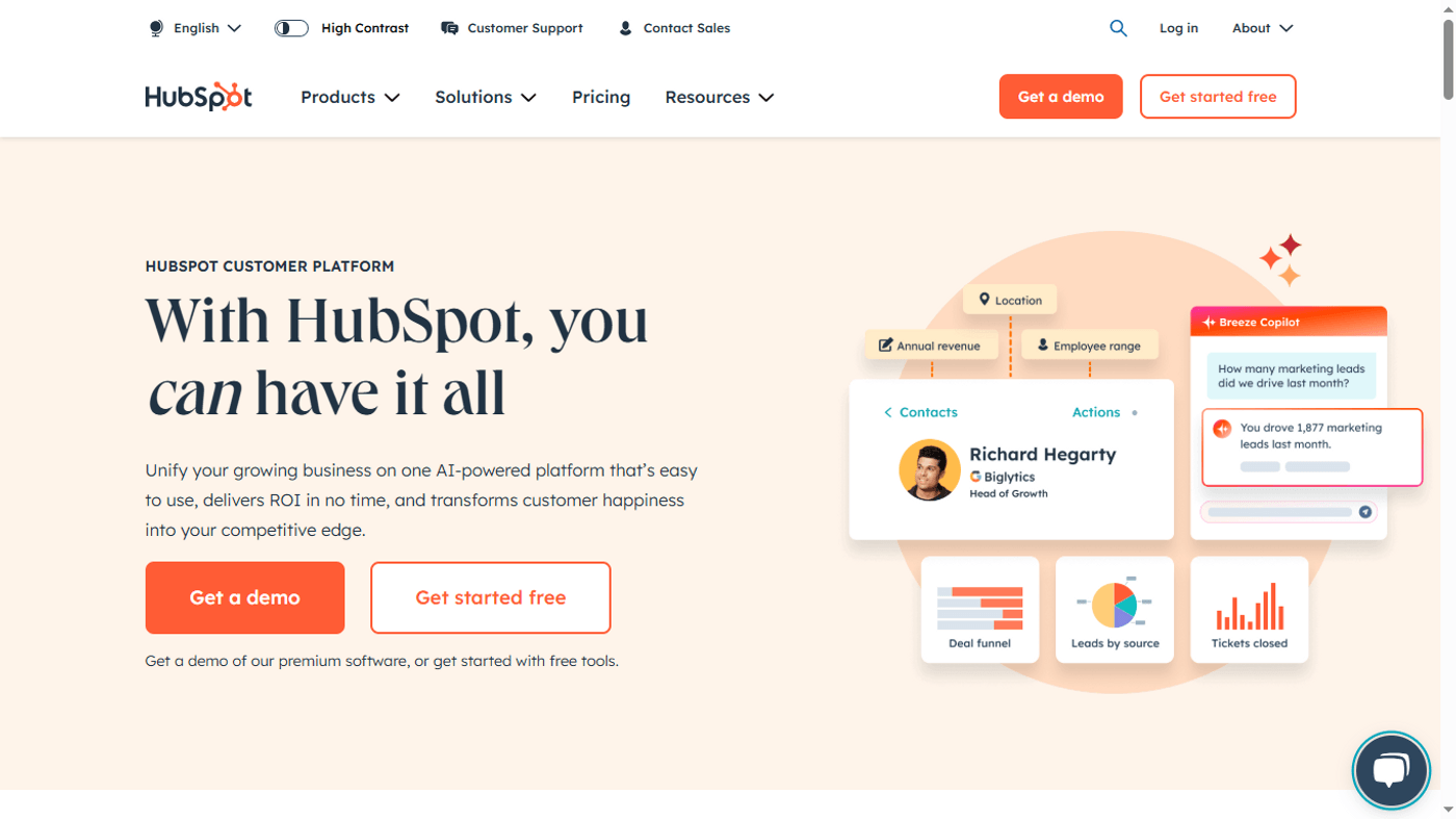HubSpot homepage promoting AI-powered platform, demo signup, user insights, and marketing performance data