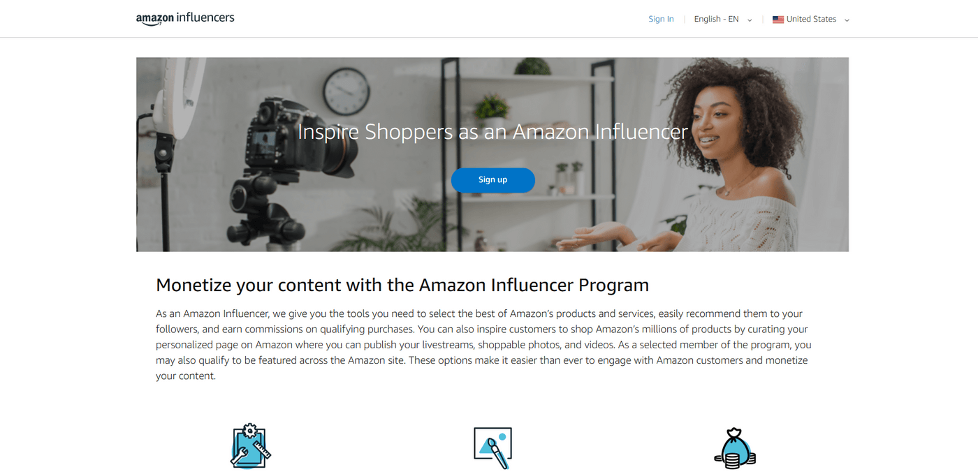 Logo of the Amazon Influencer Program, featuring a shopping cart and a smiling influencer, symbolizing online marketing collaboration