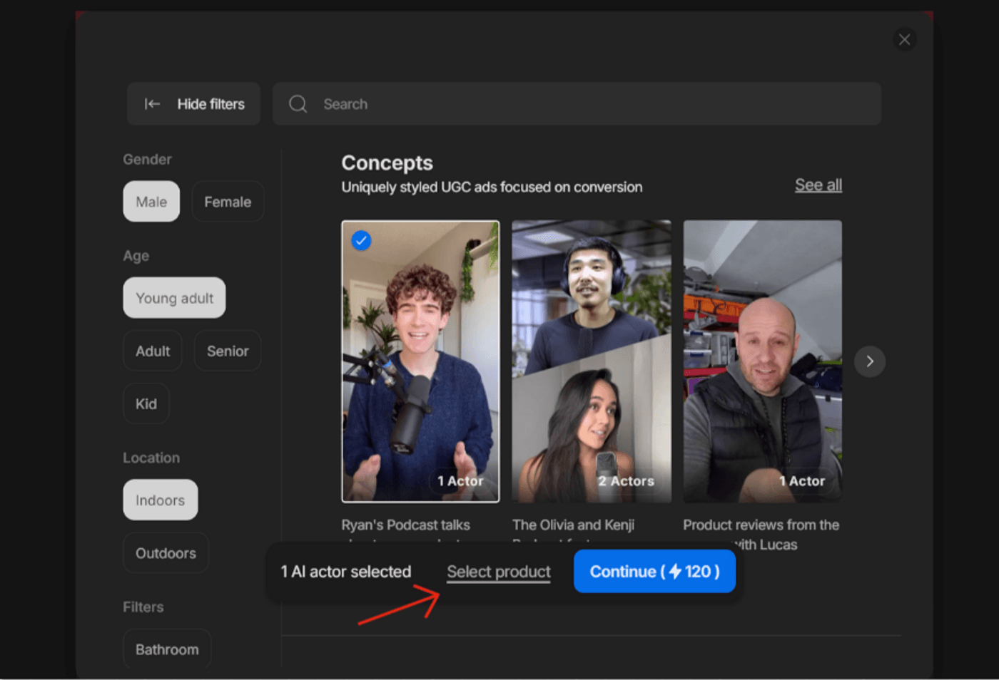 Choose an AI actor concept for creating uniquely styled UGC ads and proceed with product selection