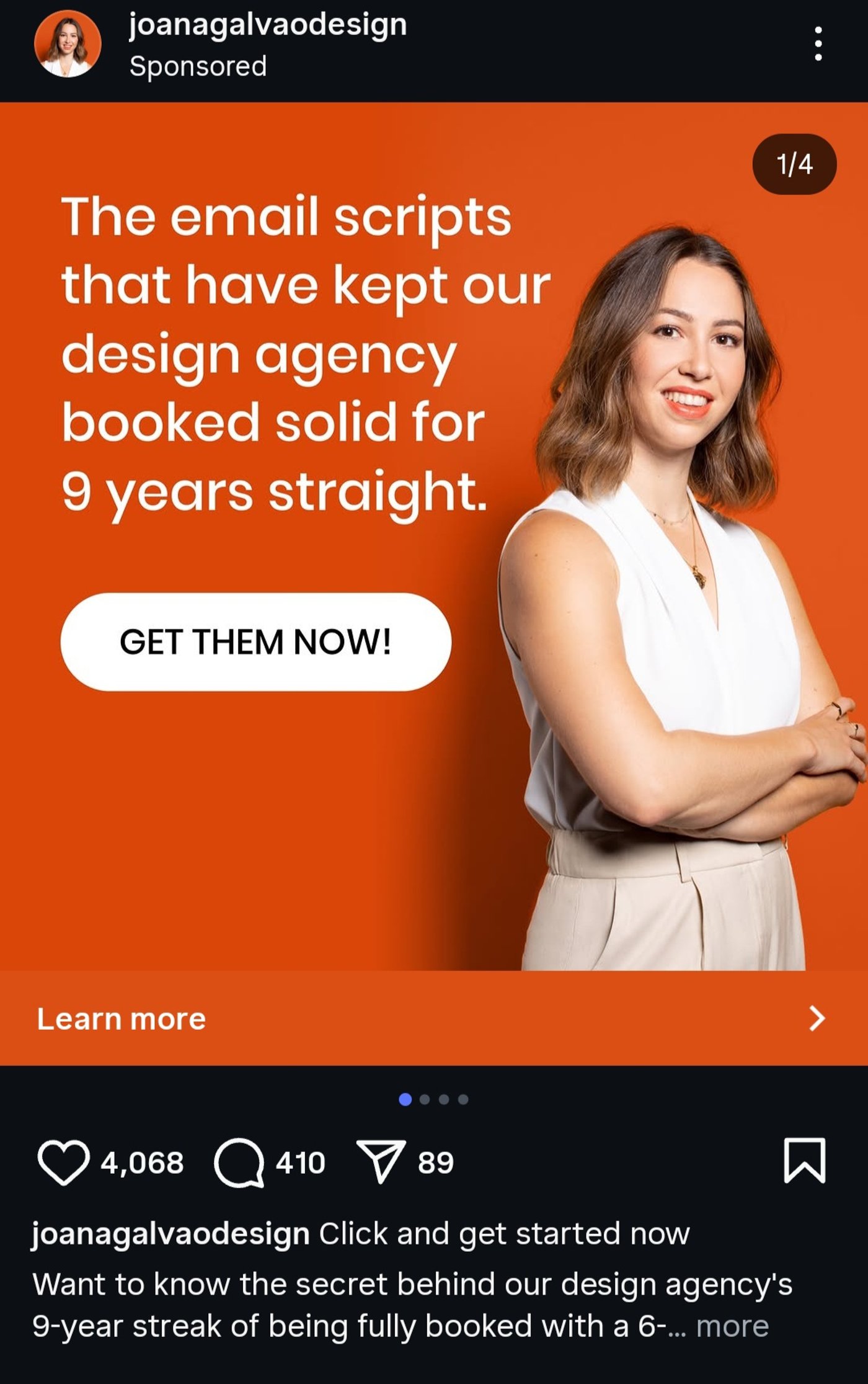 Instagram ad by joanagalvaodesign promoting proven email scripts that kept their design agency booked for 9 years.