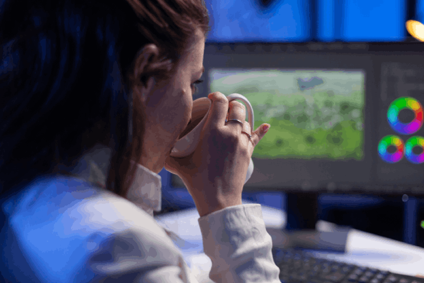 Mulher tomando café em frente a um computador editando vídeos