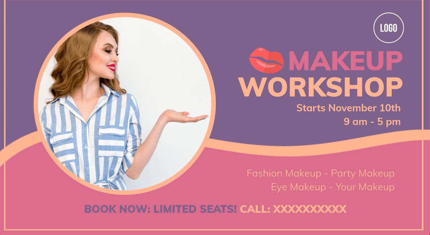 Video creado en la plataforma InVideo para tienda de maquillaje con una mujer con blusa azul y blanca y pintalabios rojo