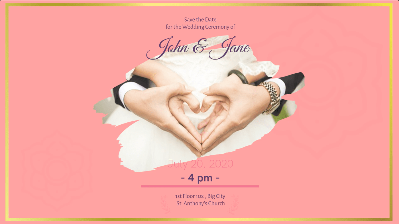 Video creado en la plataforma InVideo sobre la plantilla de invitación de boda con un novio y una novia haciendo un corazón con la mano