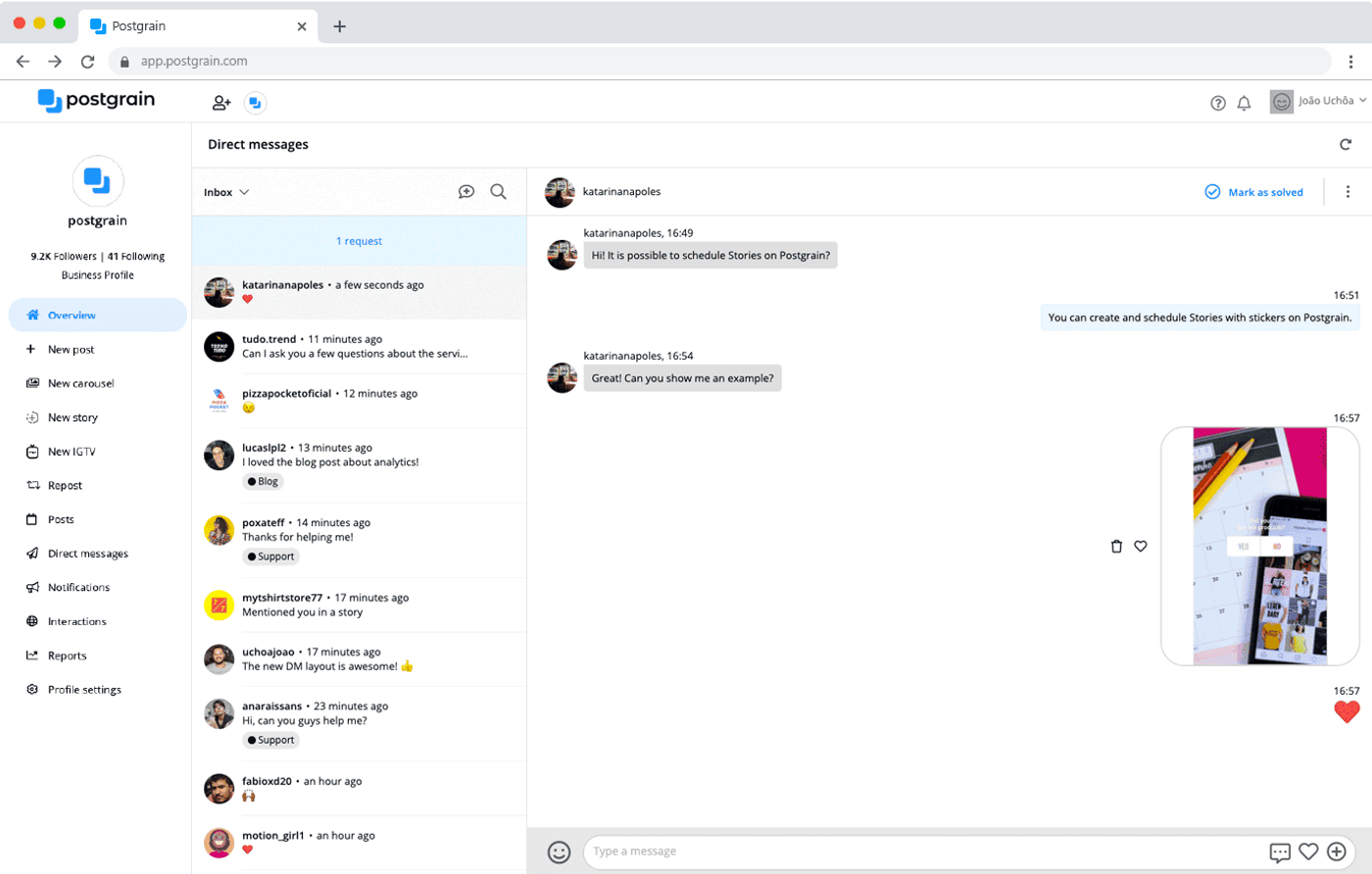 Pantalla de Postgrain para la programación de publicaciones en instagram
