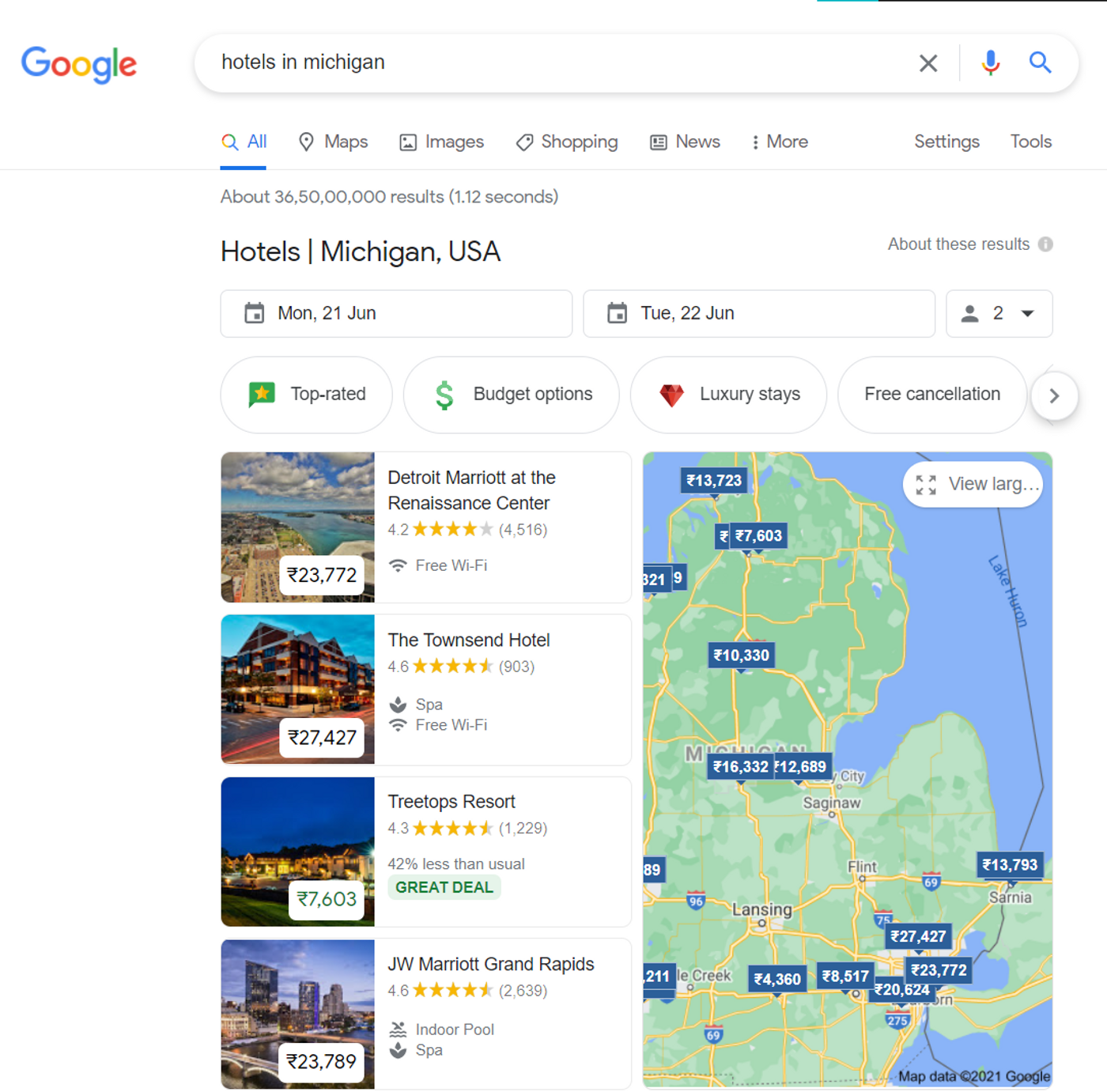 search result for hotels in Michigan