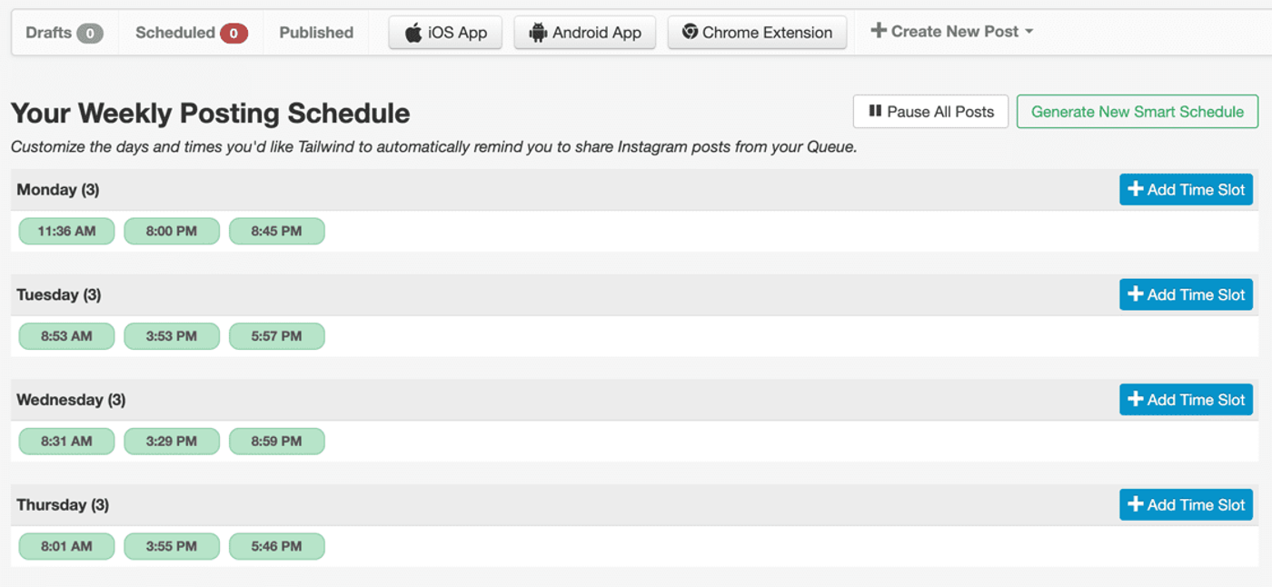 Pantalla de Tailwind para programar publicaciones en Instagram