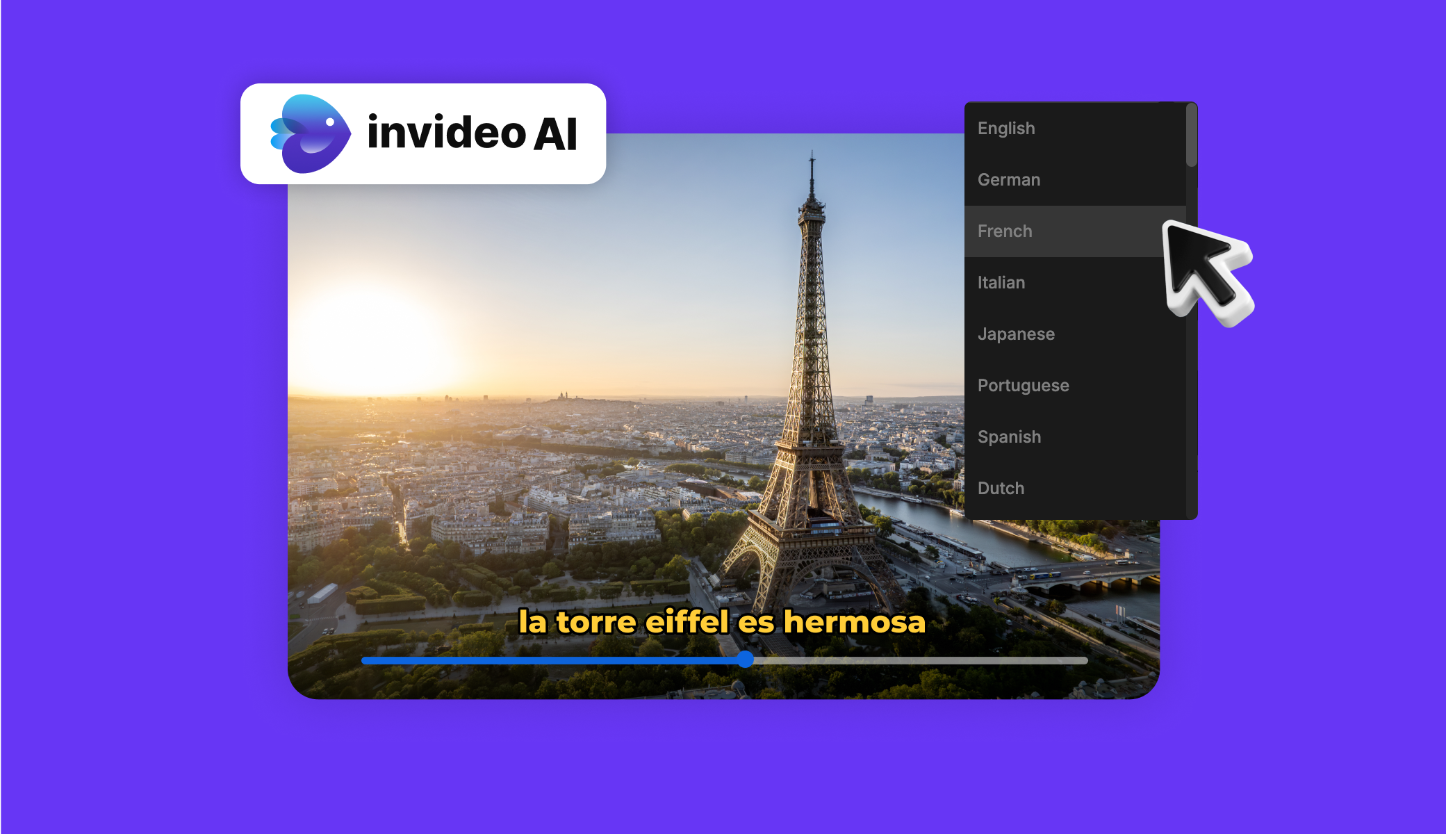 Invideo AI language selection screen with Eiffel Tower background and Spanish subtitle