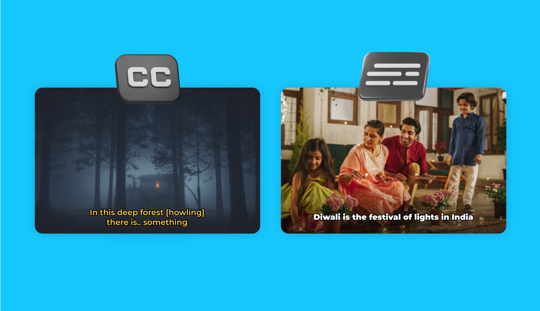 Two videos with subtitles of dark forest scene, Diwali celebration in India.