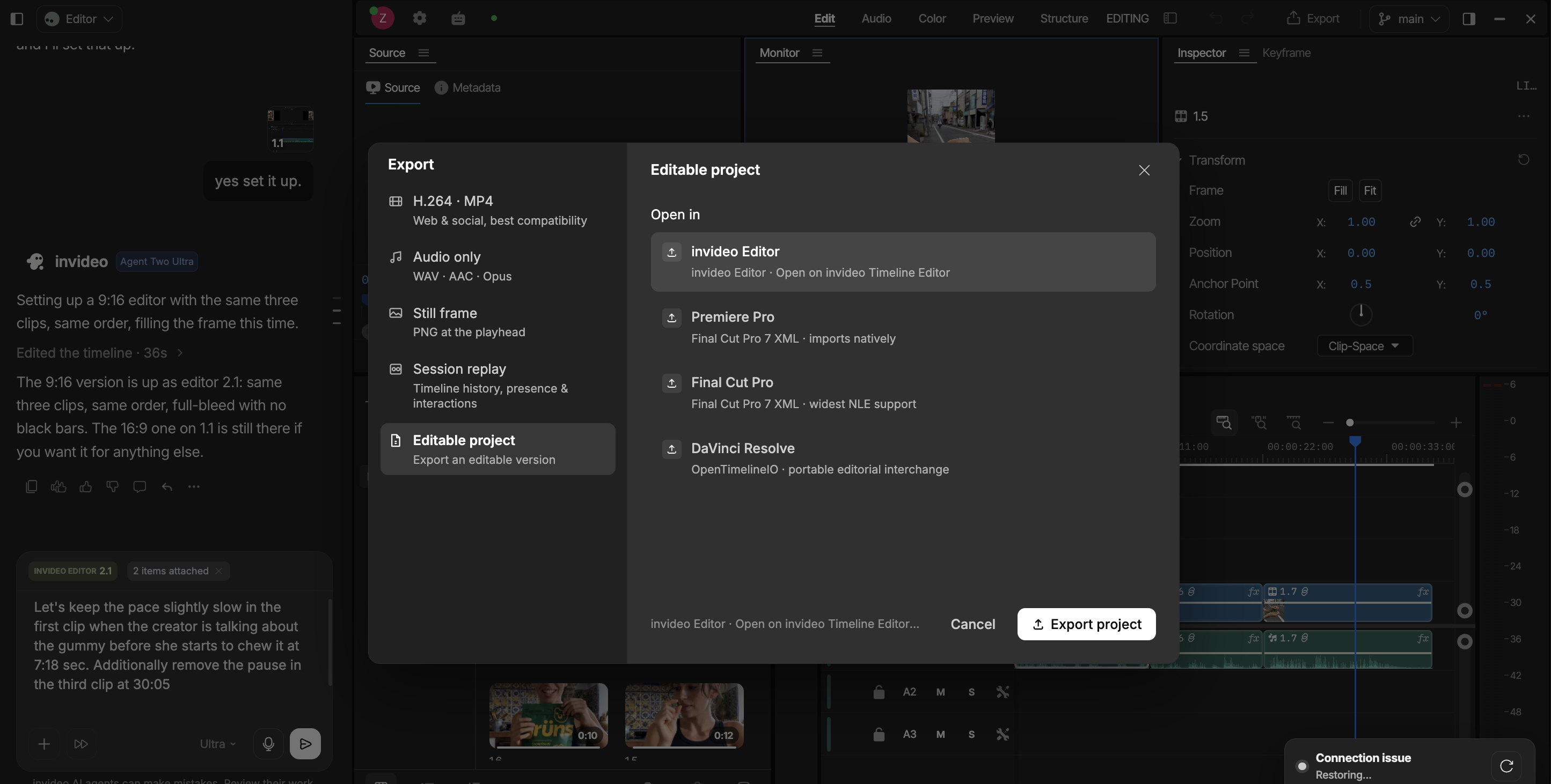 export an editable project file for your rough cut