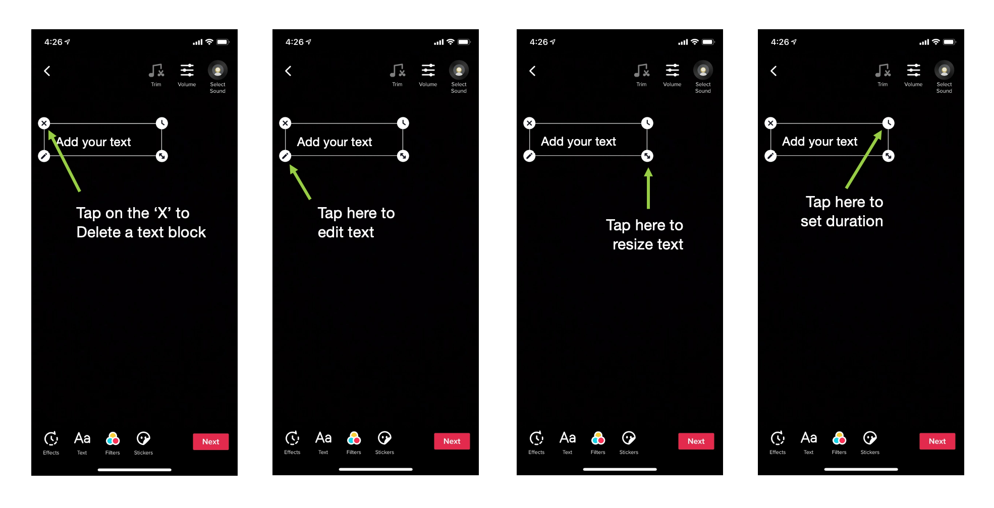 Example of Four options appearing on each corner of the text box