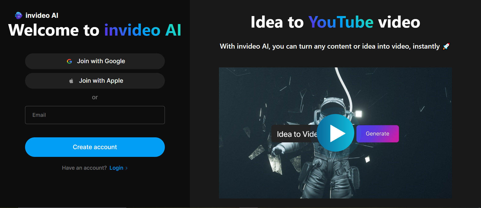 Invideo AI welcome page with sign-up options and Idea to YouTube video.