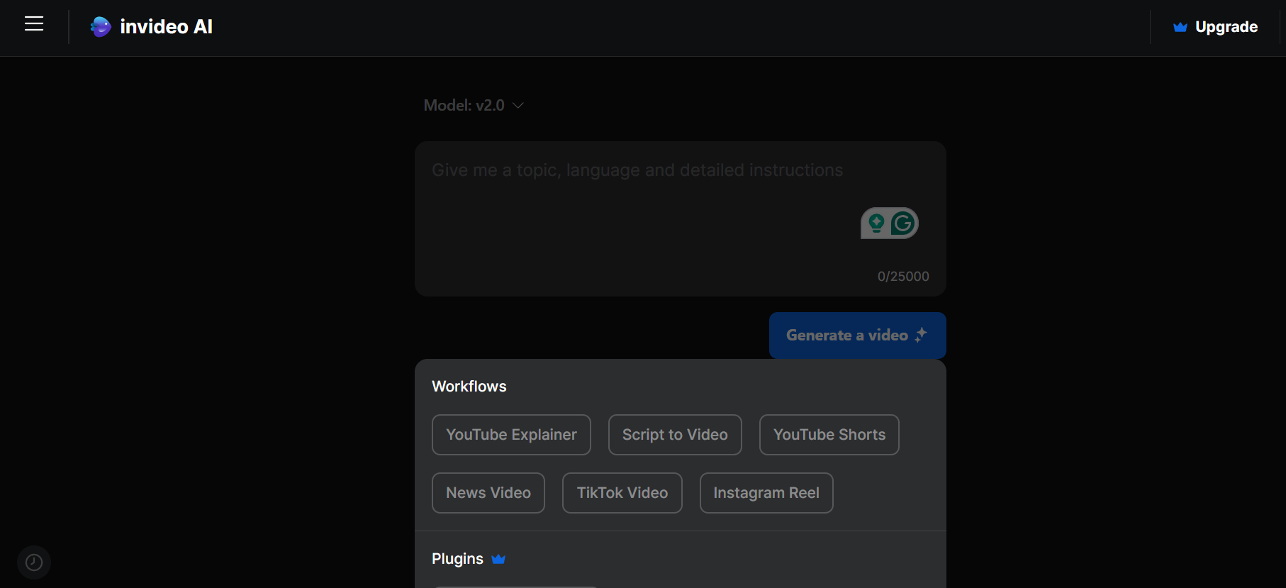 Invideo AI Interface for creating YouTube Shorts using AI settings for voice, subtitles, and media.
