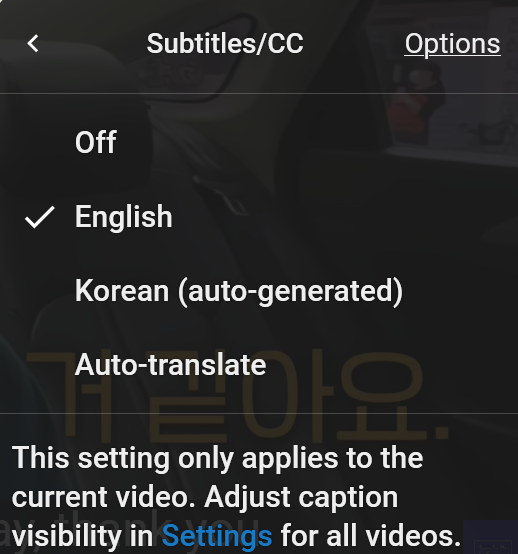 Subtitles settings menu showing options: Off, English, Korean, Auto-translate.