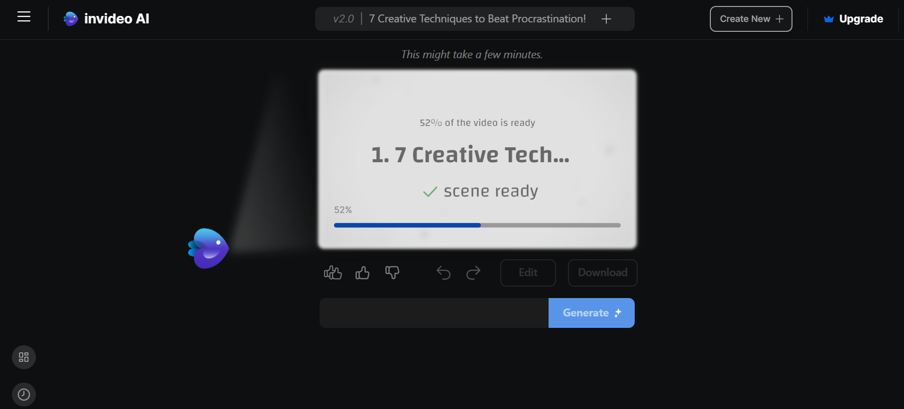 Invideo AI tool previews a video titled '7 Creative Techniques to Beat Procrastination,' showing 'Prioritize