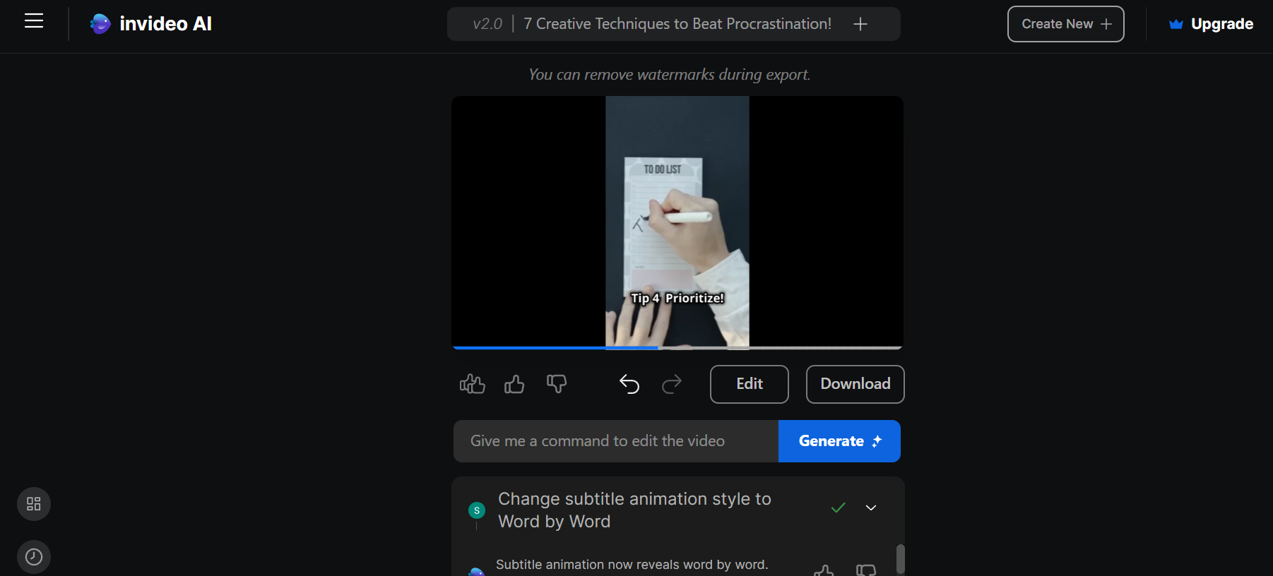 Invideo AI script editor displays Chapter 1 with text Are you feeling stuck and 7 techniques.