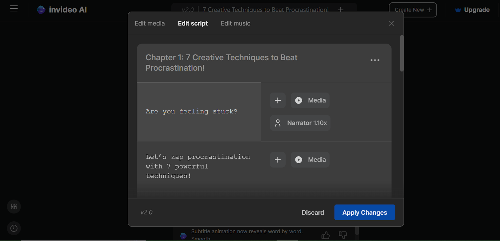 Editing media screen on Invideo AI, showing clips and a script about beating procrastination.