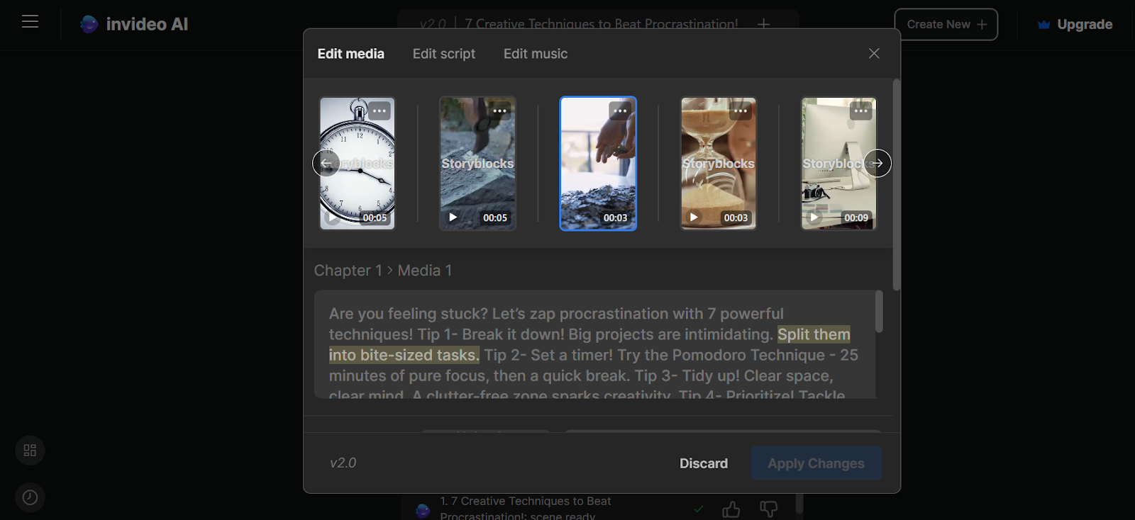 Editing media screen on Invideo AI, showing clips and a script about beating procrastination.