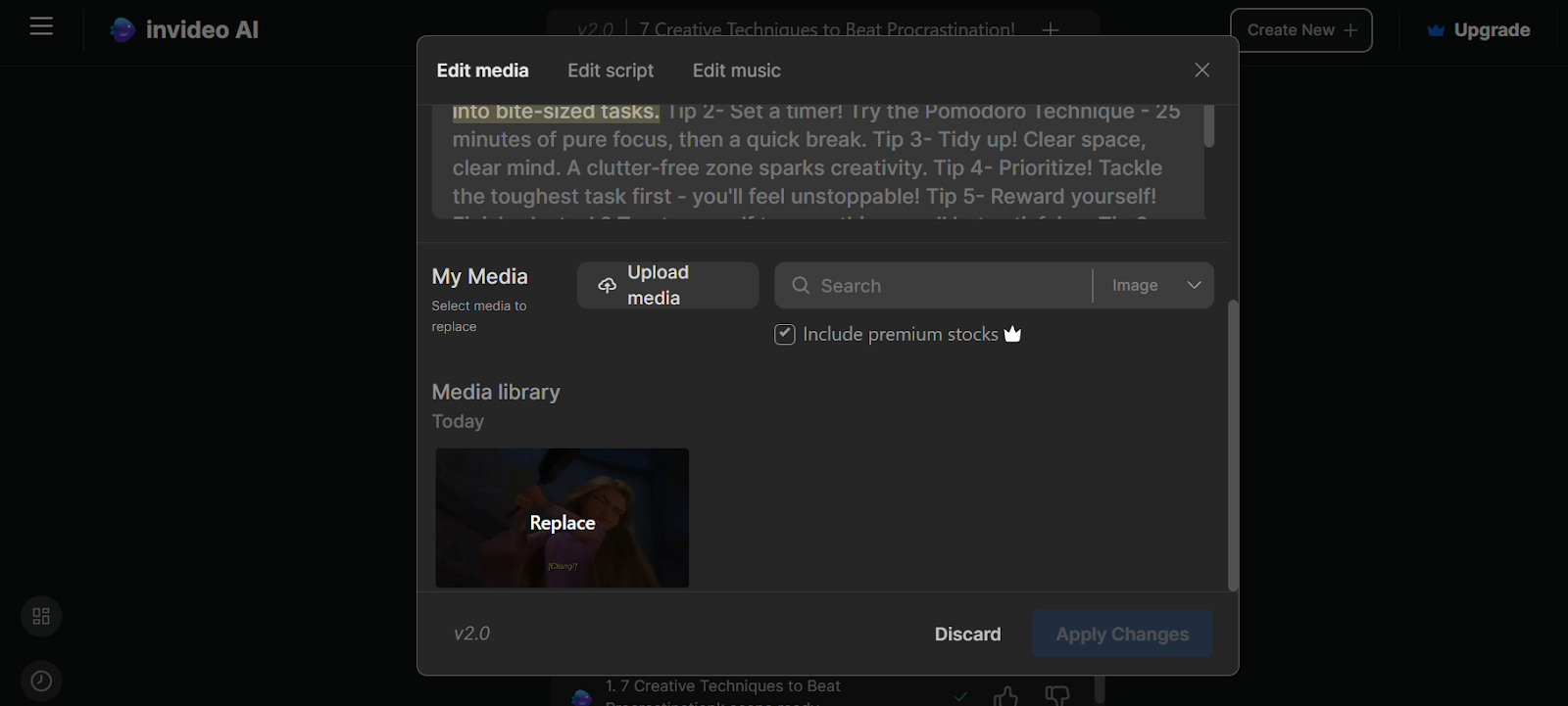 Invideo AI editing panel showing media replacement options with premium stock images and videos.