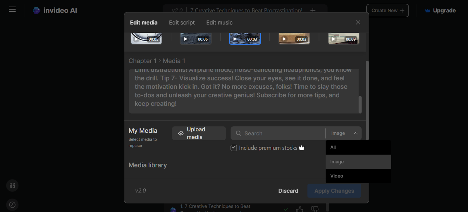Invideo AI editor showing options to replace media with premium stock images or videos selected.