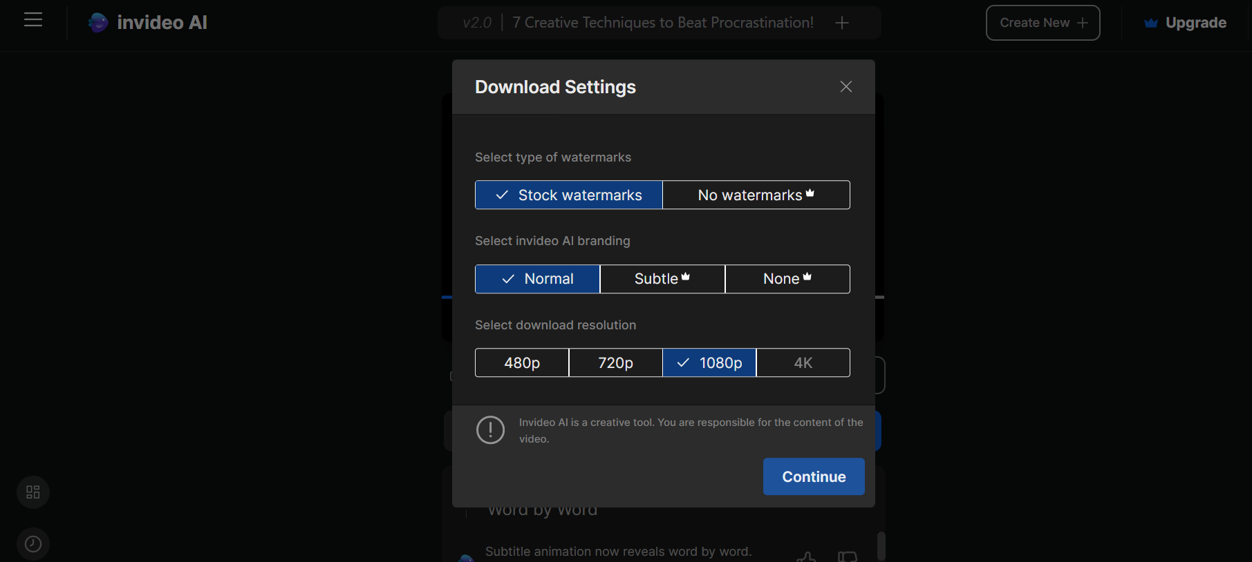 Invideo AI download settings panel showing options for watermarks, branding, and video resolution.