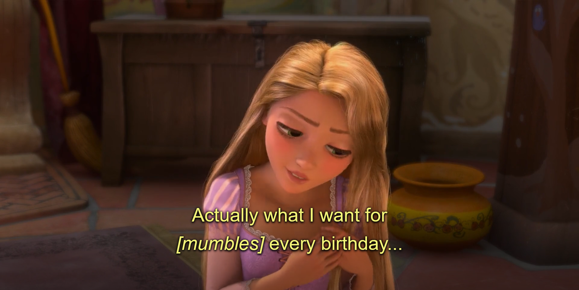 Animated character speaking, subtitles read 'Actually what I want for every birthday