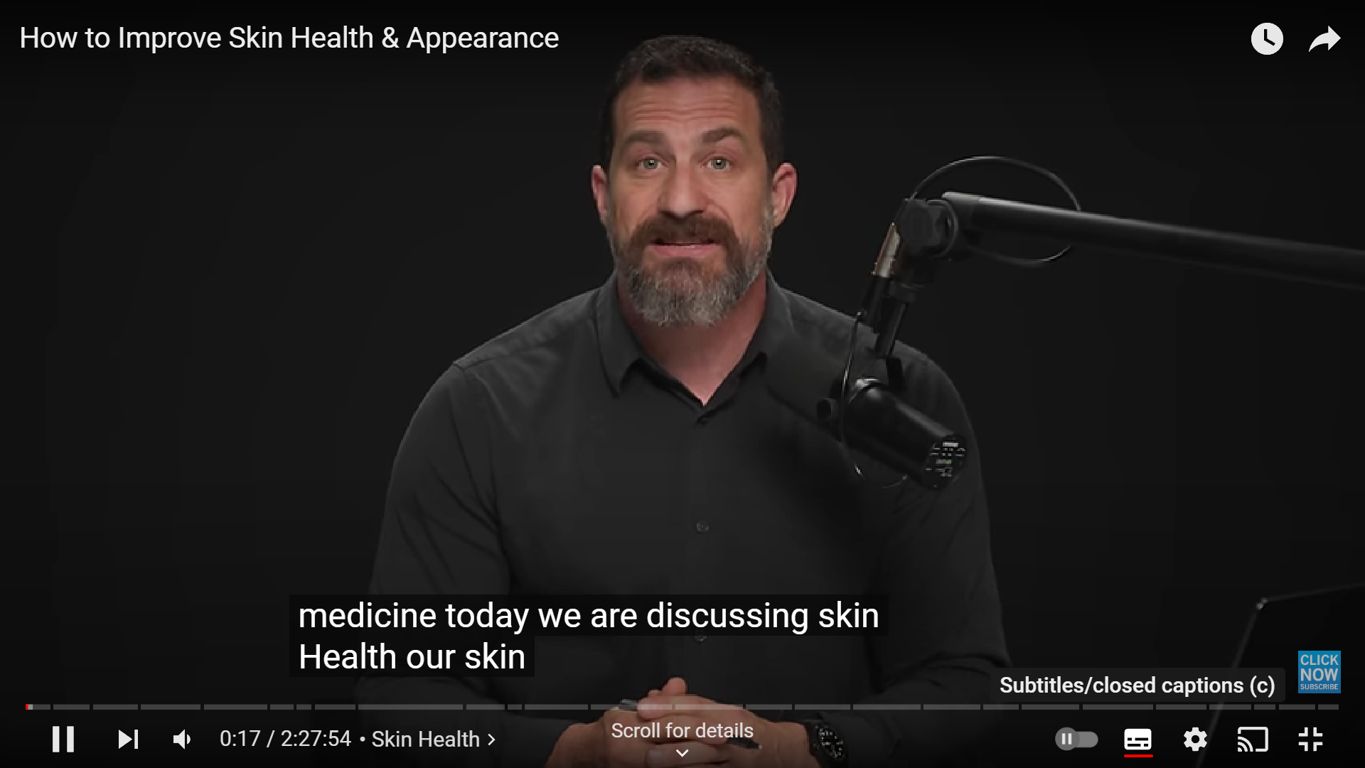 Man discussing skin health and appearance, with subtitles and captions.