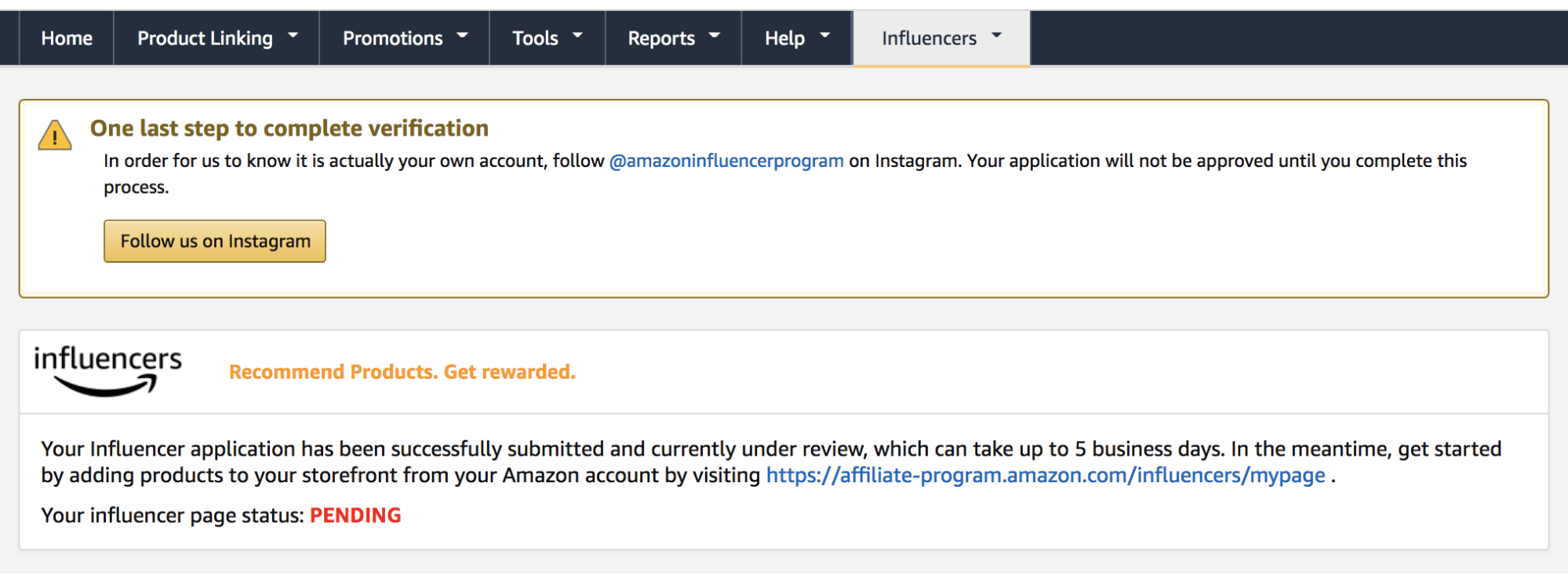 Amazon account page displaying the influencers page with the last step to complete verification