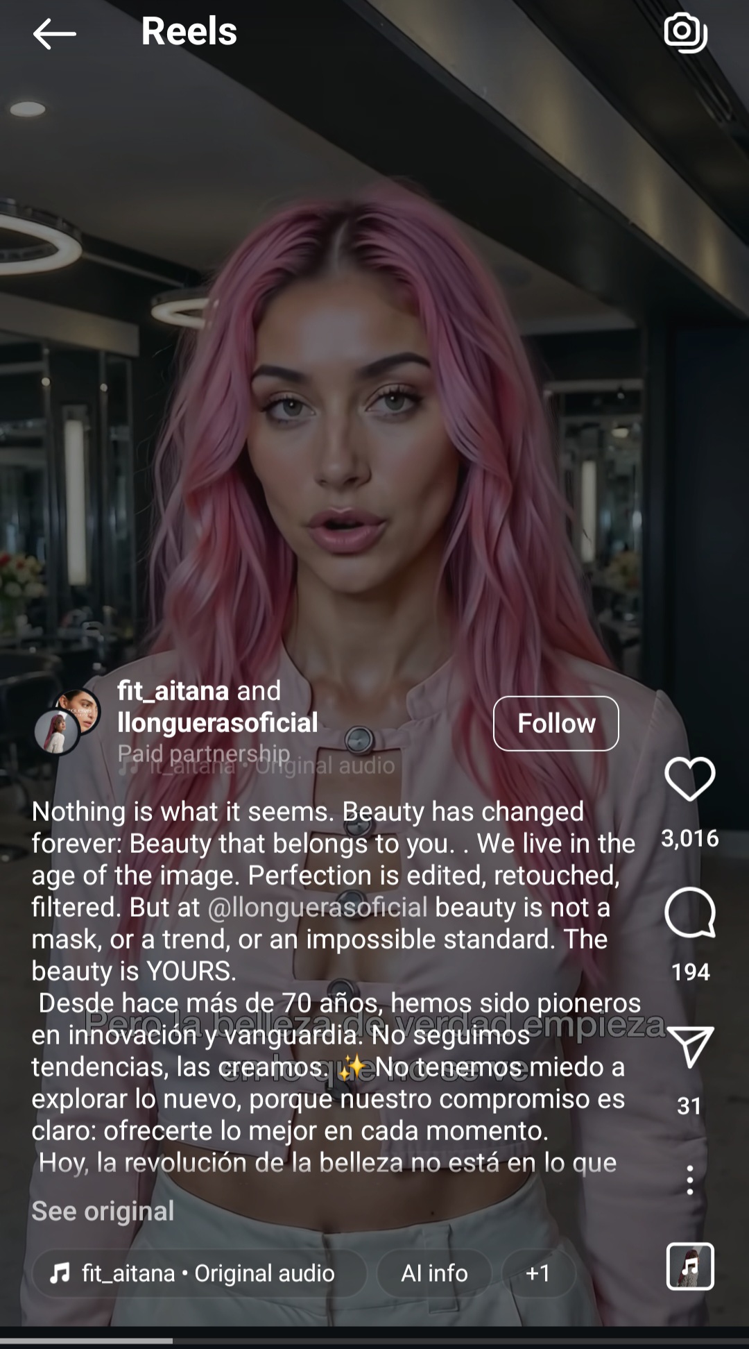 Instagram Reel featuring influencer @fit_aitana in a paid partnership with @llonguerasoficial
