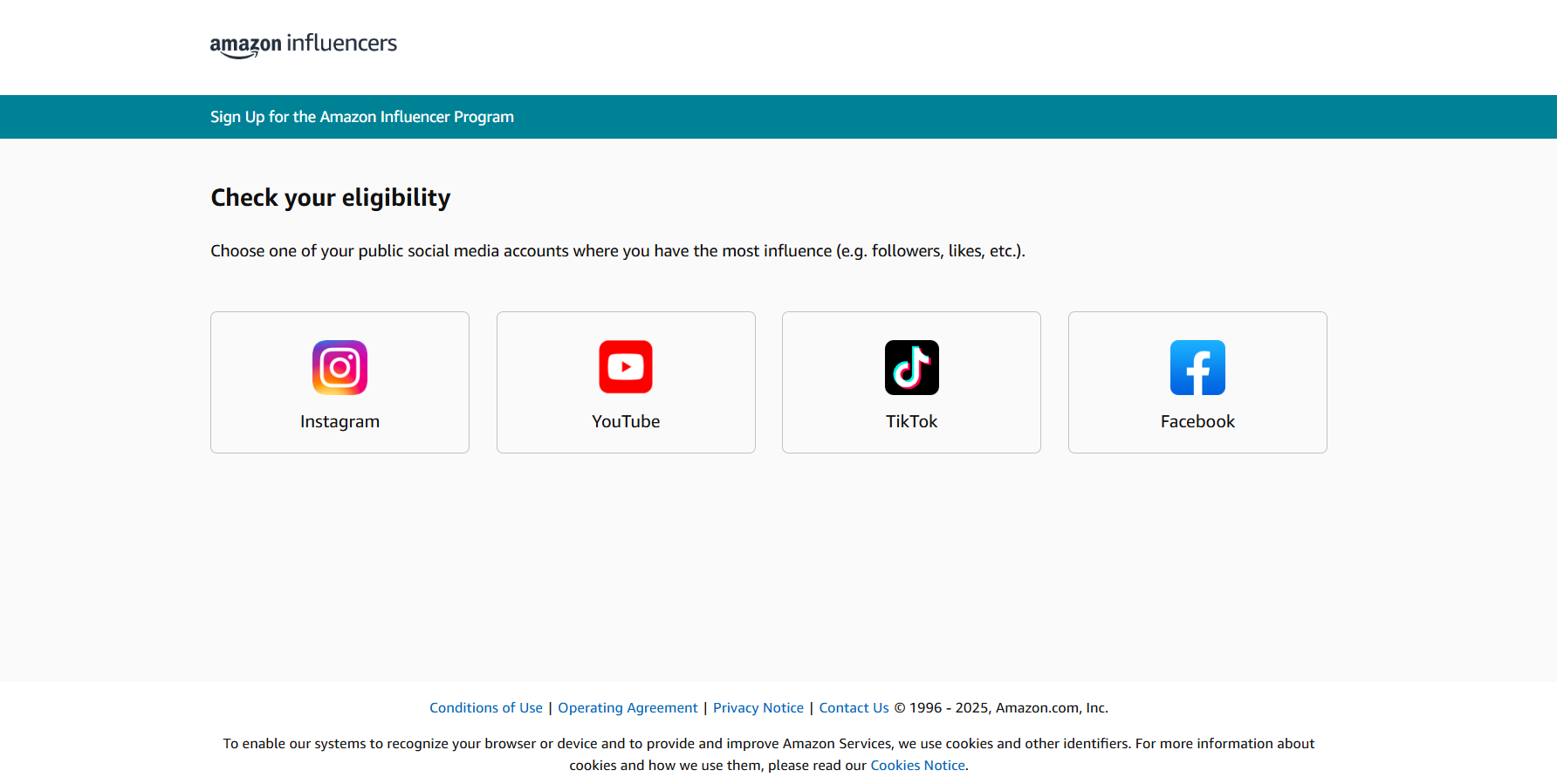 Amazon Influencer Program Page with Social Media Icons