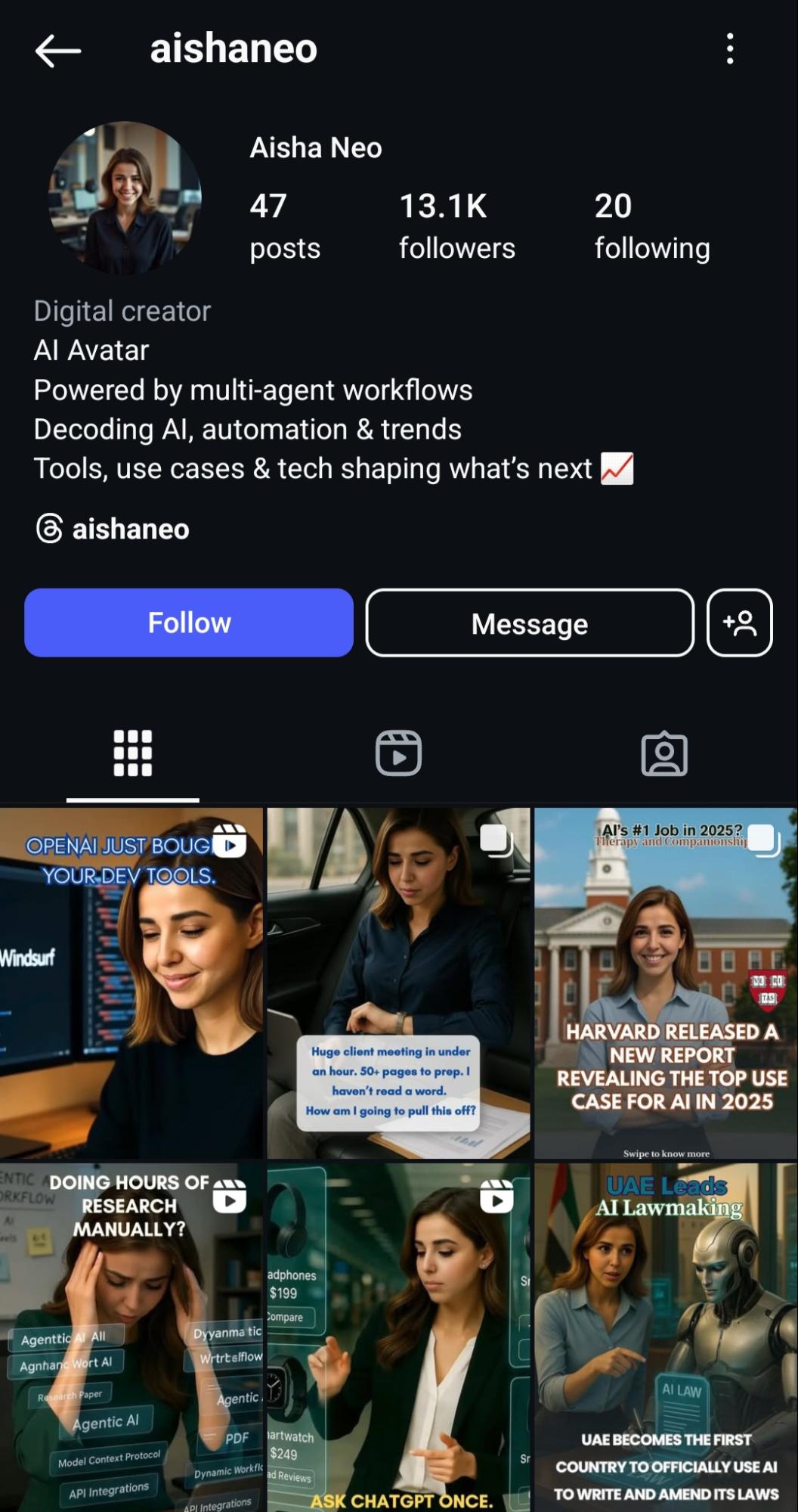 Instagram profile of digital creator Aisha Neo