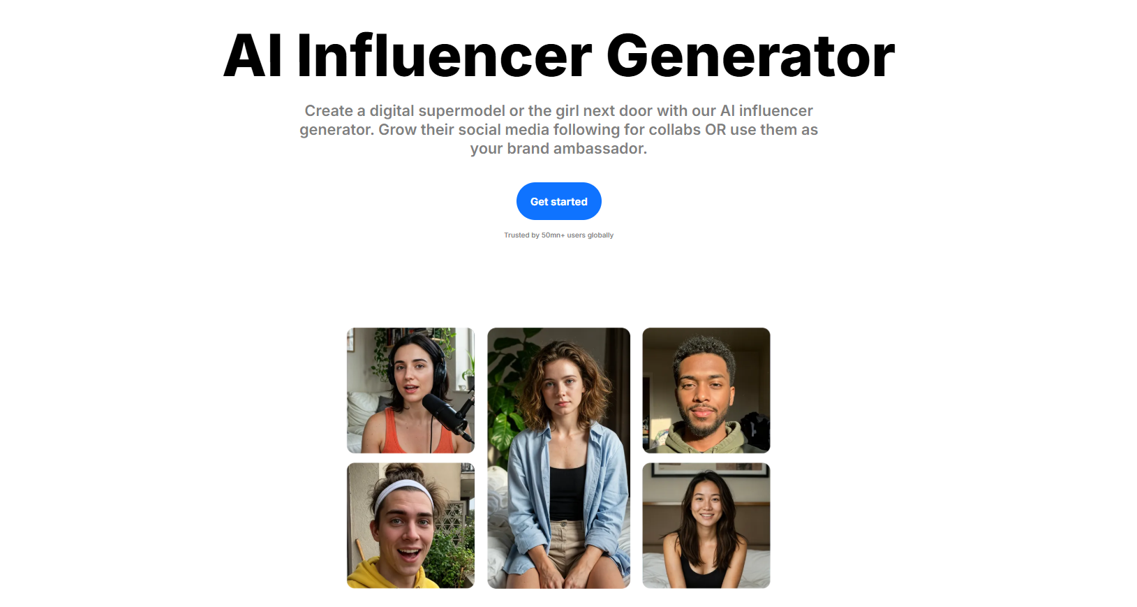Website landing page for an AI Influencer Generator tool
