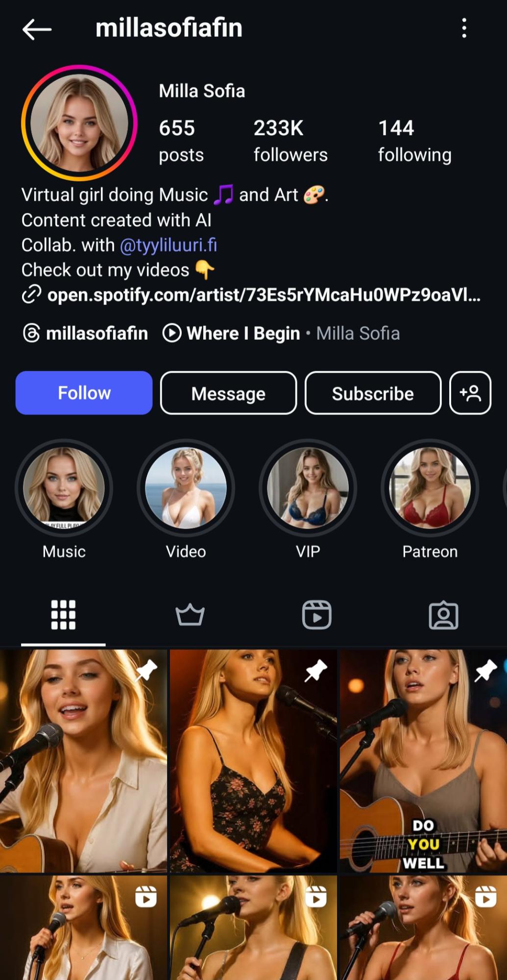 Instagram profile of Milla Sofia