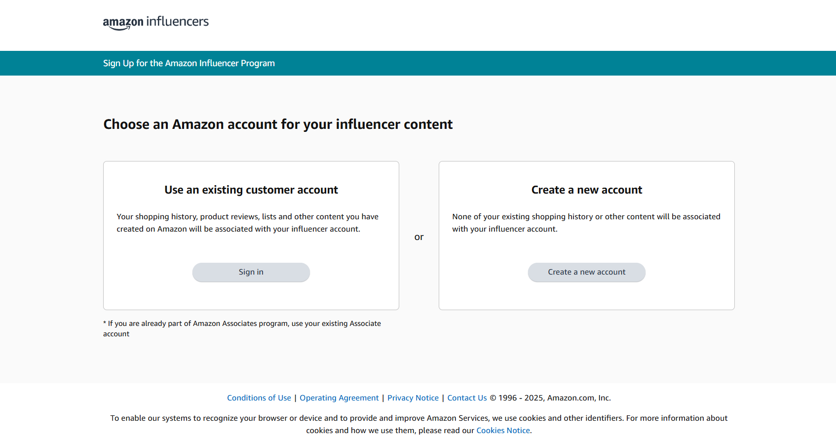 Image of a sign-up and create account on Amazon for your influencer content account