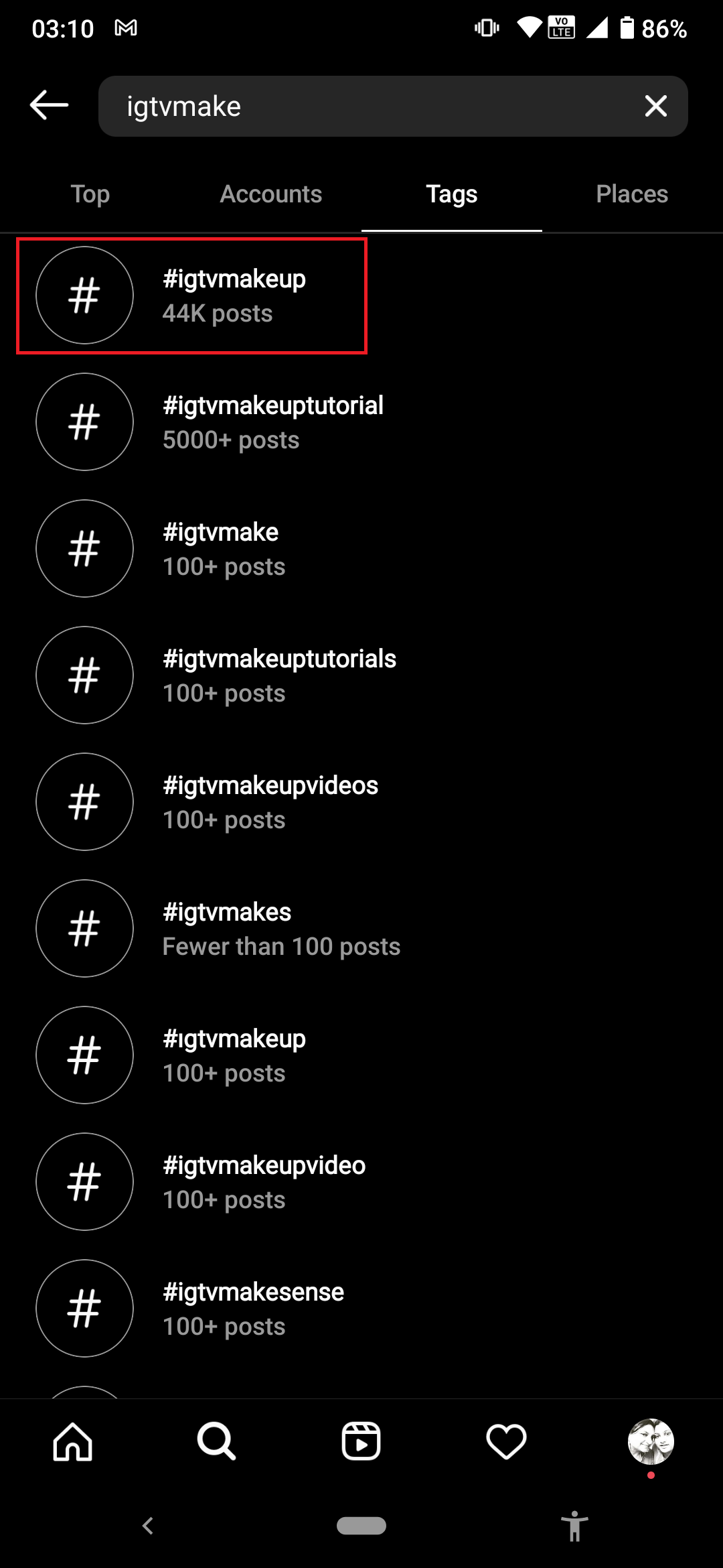 Toca la esquina inferior derecha de la pantalla y navega hasta la página de inicio de tu perfil de Instagram